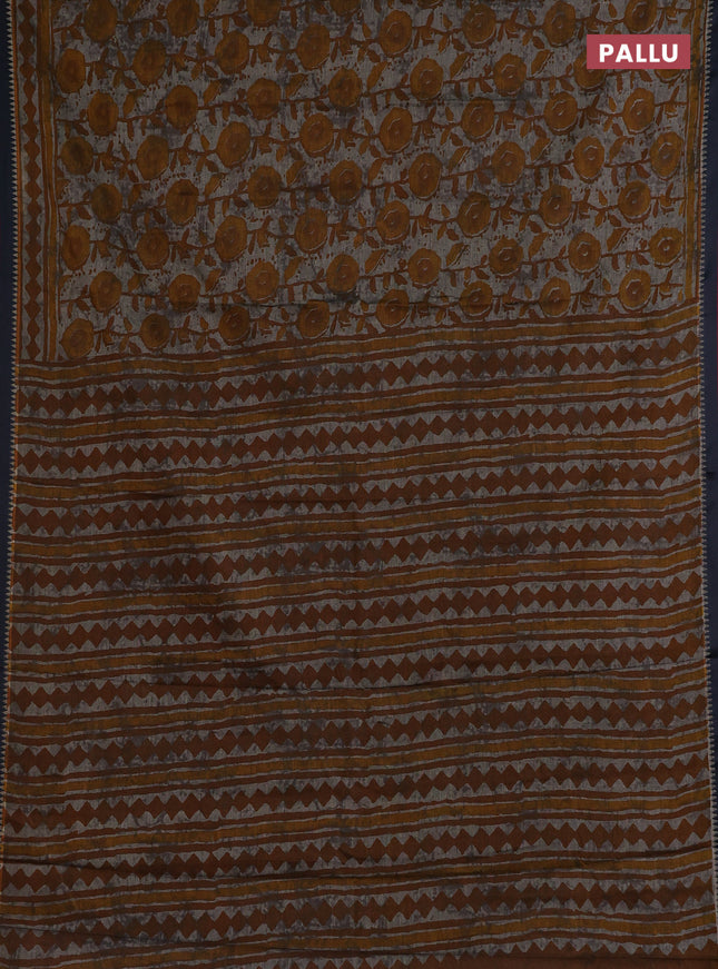 Muslin cotton saree grey mustard and black with allover prints and woven border