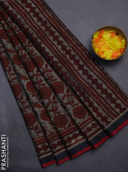 Muslin cotton saree grey maroon and black with allover prints and woven border