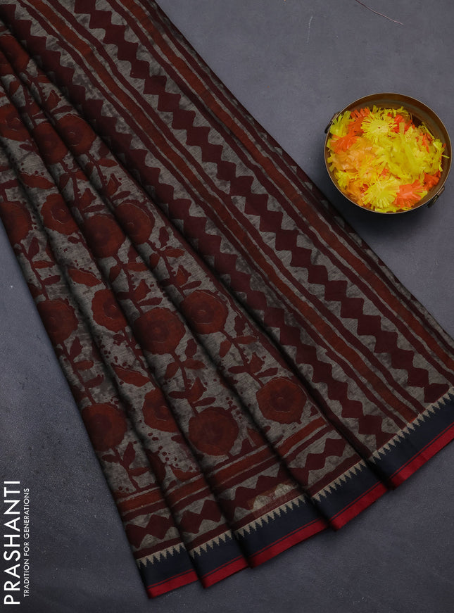 Muslin cotton saree grey maroon and black with allover prints and woven border