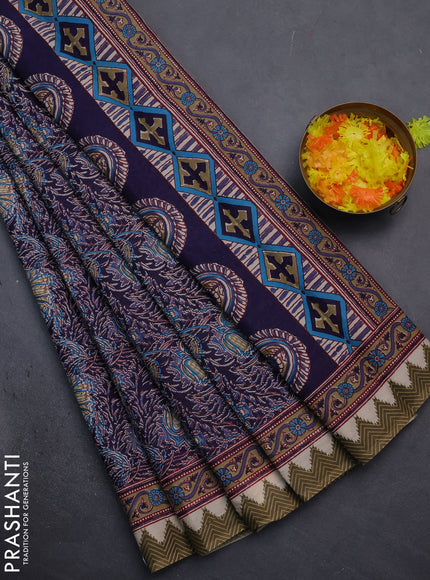 Muslin cotton saree blue with allover prints and printed border