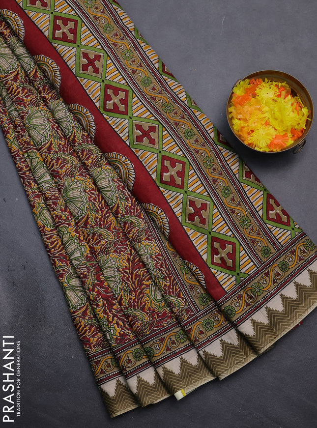 Muslin cotton saree maroon with allover prints and printed border