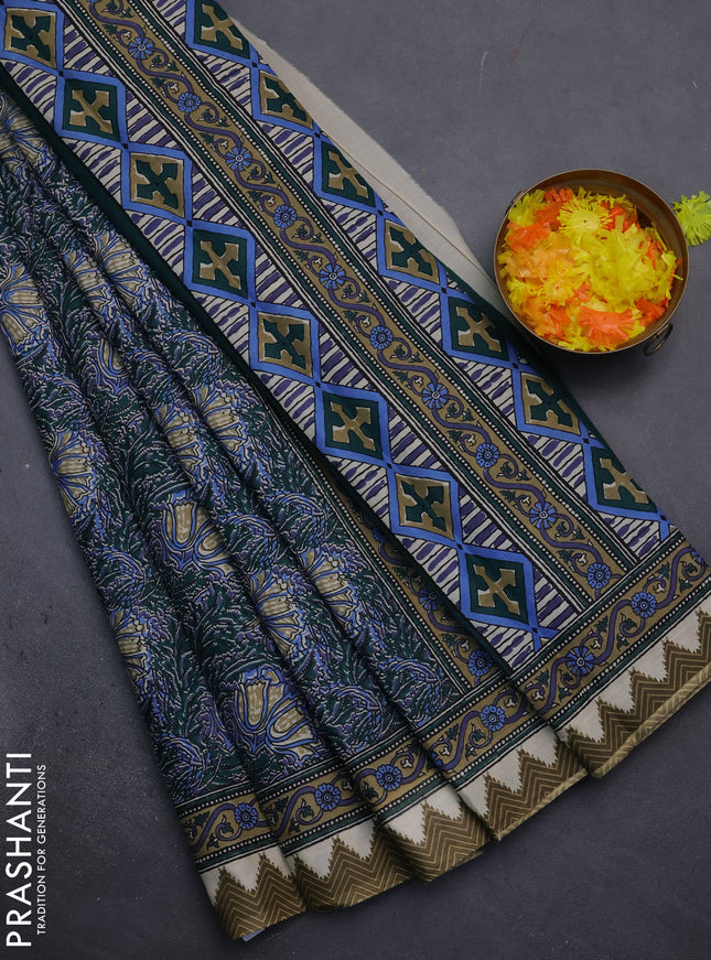 Muslin cotton saree green with allover prints and printed border