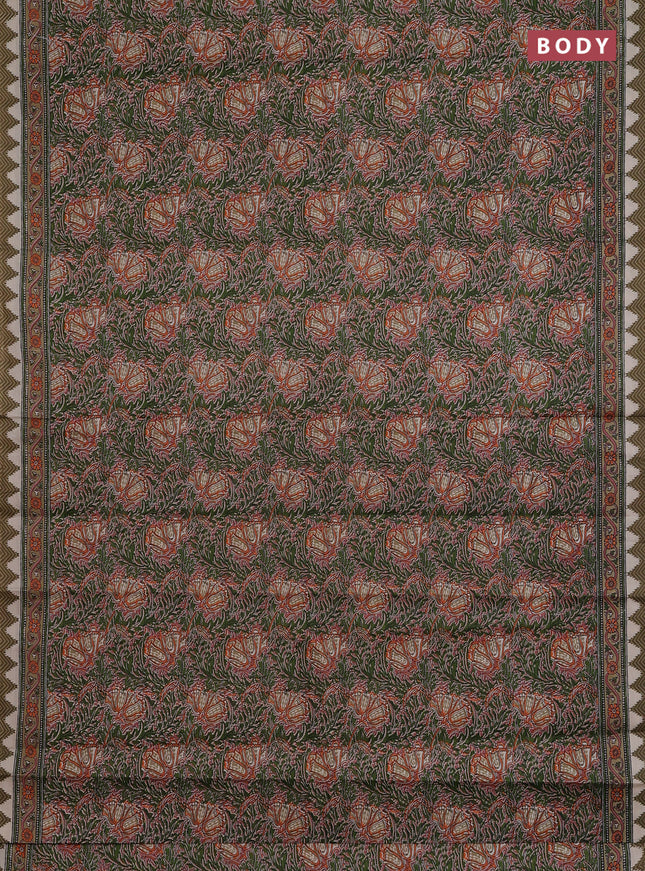 Muslin cotton saree green with allover prints and printed border