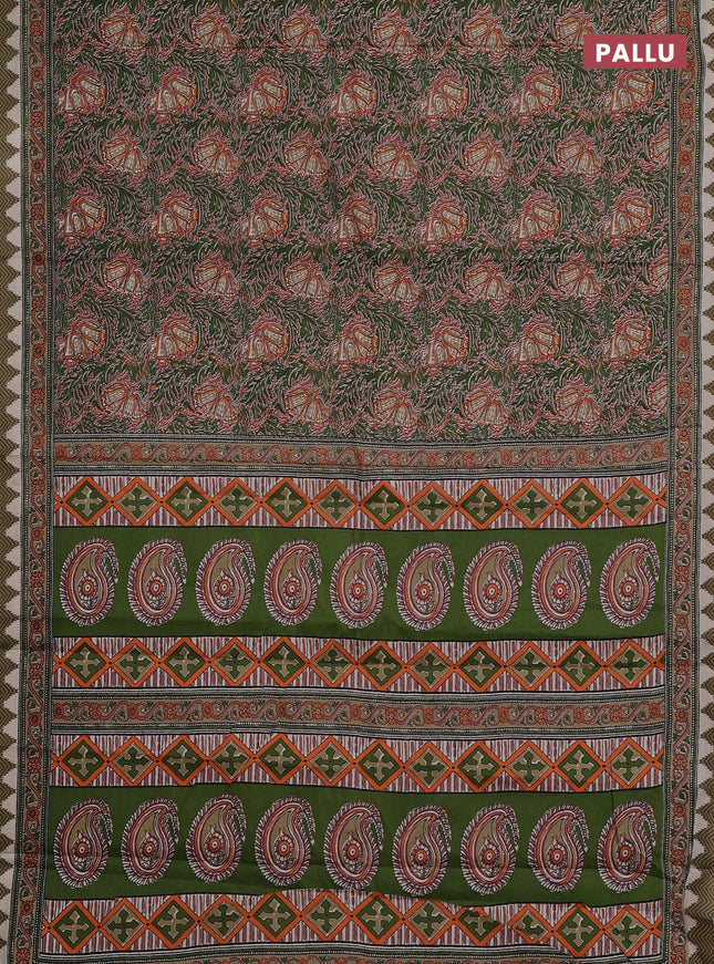 Muslin cotton saree green with allover prints and printed border