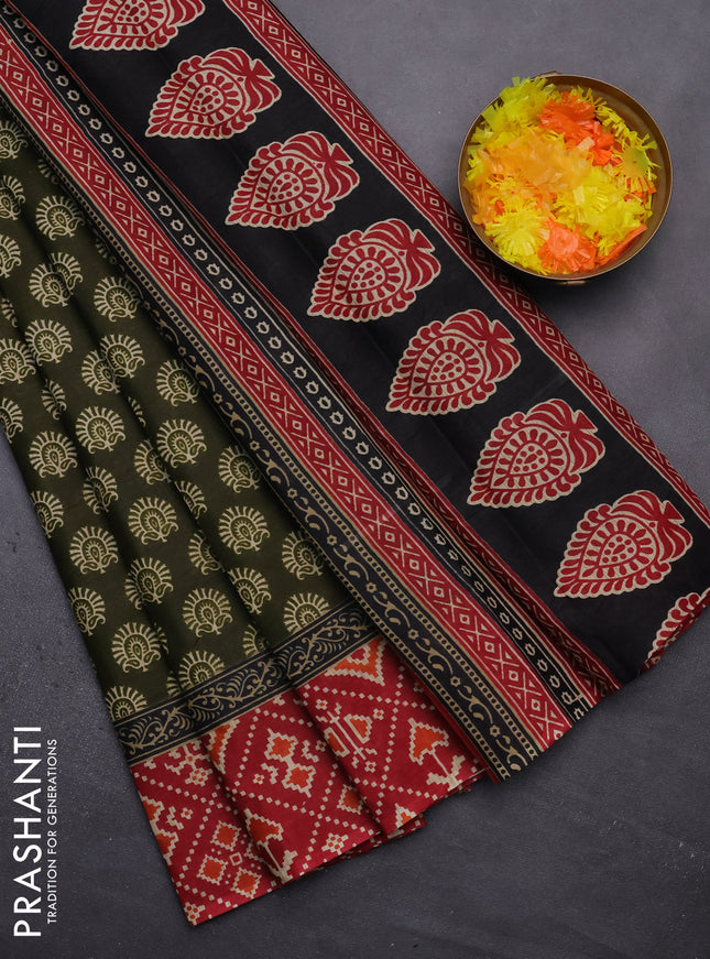 Muslin cotton saree sap green and maroon with allover butta prints and printed border