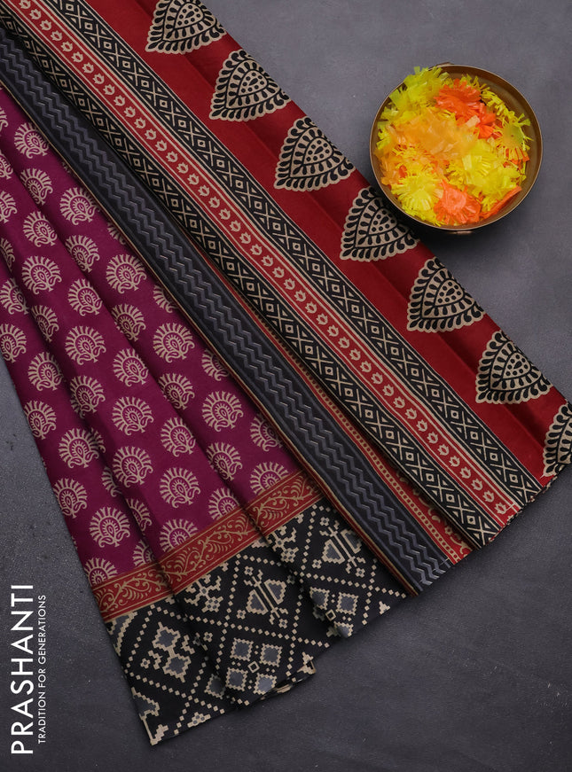 Muslin cotton saree purple and black with allover butta prints and printed border