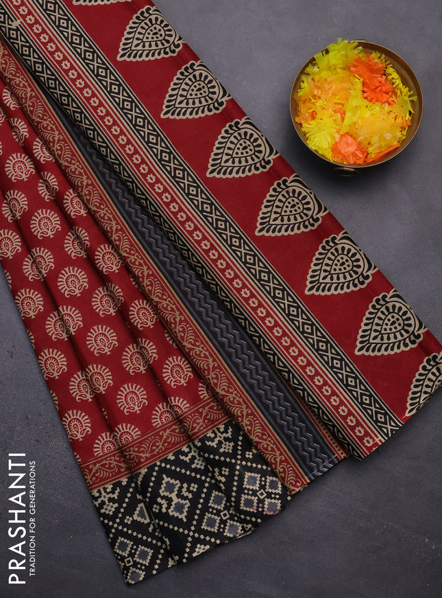 Muslin cotton saree maroon and black with allover butta prints and printed border