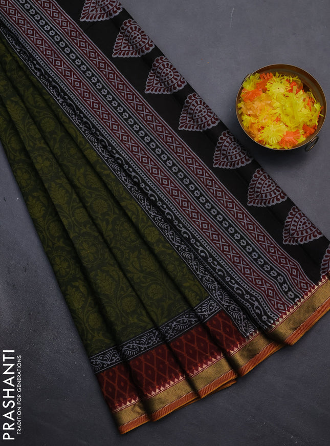 Muslin cotton saree sap green and maroon with allover prints and woven border