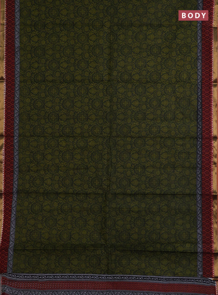 Muslin cotton saree sap green and maroon with allover prints and woven border