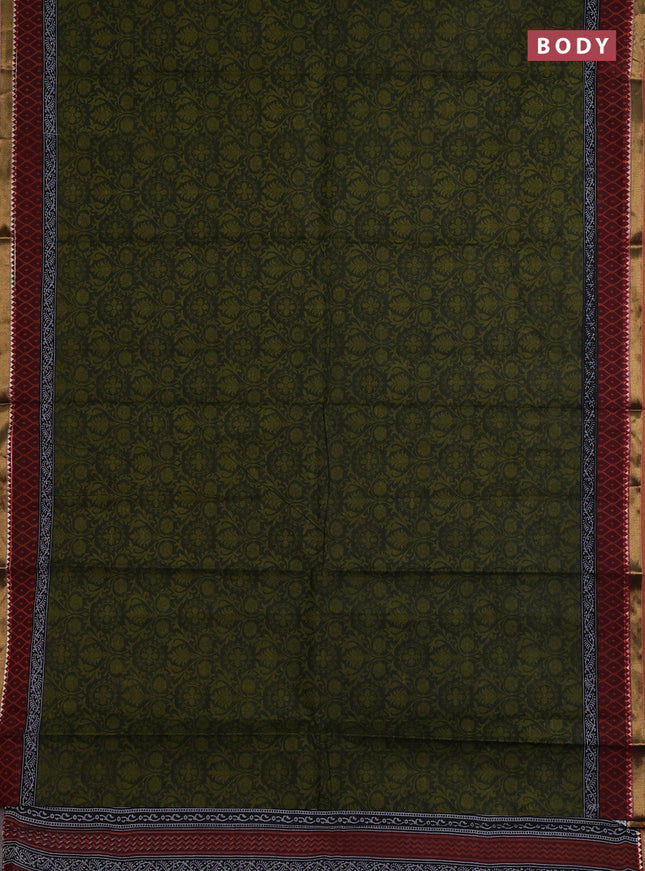Muslin cotton saree sap green and maroon with allover prints and woven border