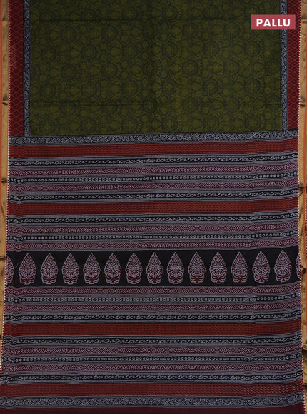 Muslin cotton saree sap green and maroon with allover prints and woven border