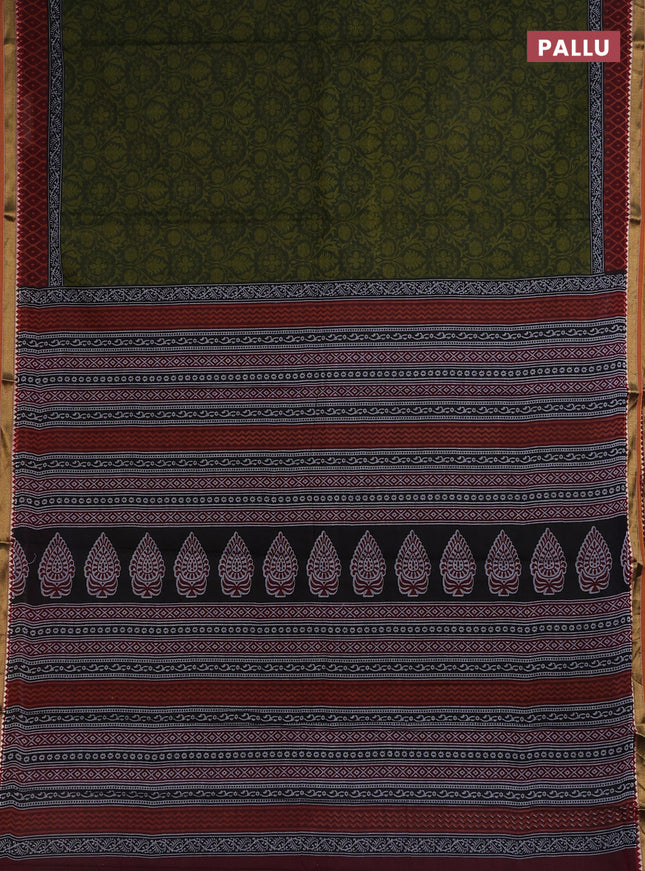Muslin cotton saree sap green and maroon with allover prints and woven border