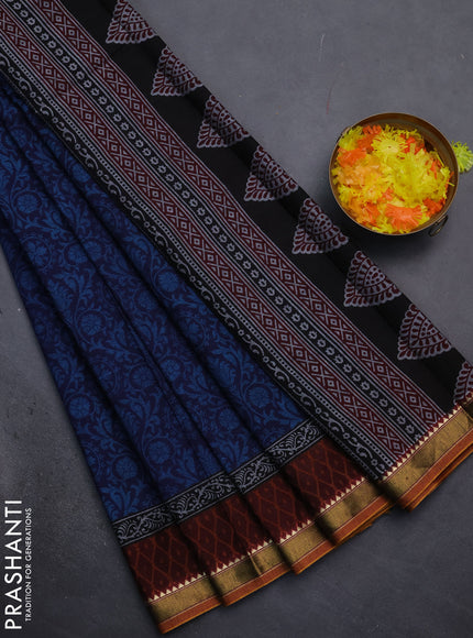 Muslin cotton saree navy blue and maroon with allover prints and woven border