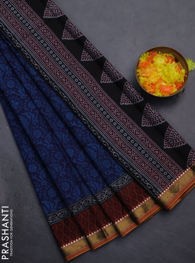 Muslin cotton saree navy blue and maroon with allover prints and woven border
