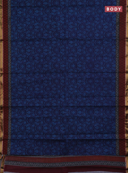 Muslin cotton saree navy blue and maroon with allover prints and woven border