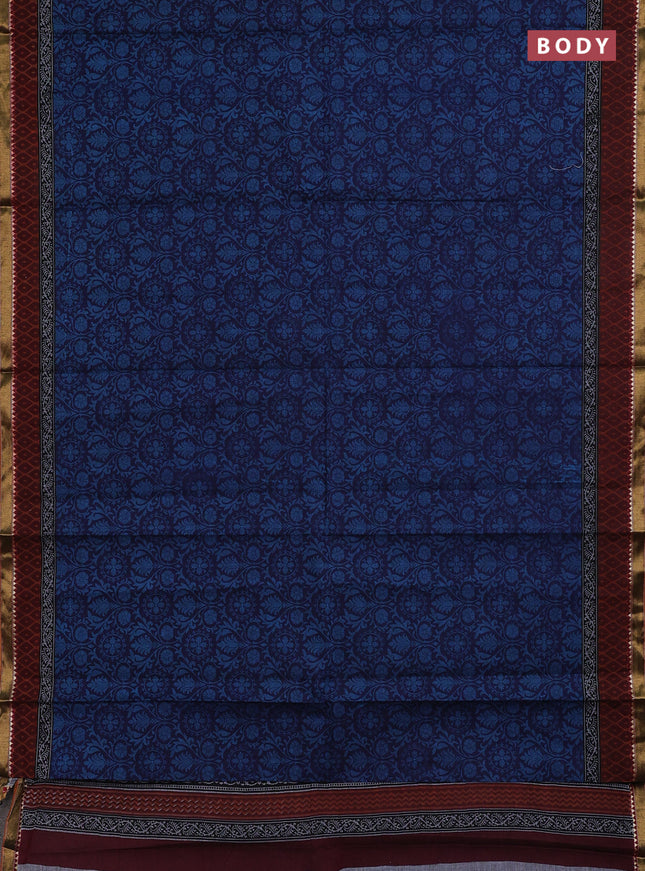 Muslin cotton saree navy blue and maroon with allover prints and woven border