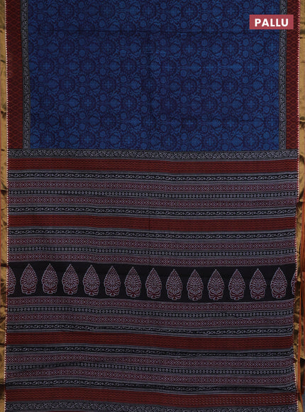 Muslin cotton saree navy blue and maroon with allover prints and woven border