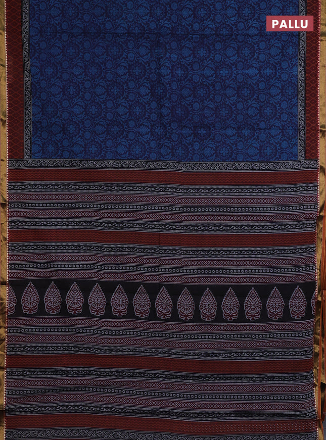 Muslin cotton saree navy blue and maroon with allover prints and woven border