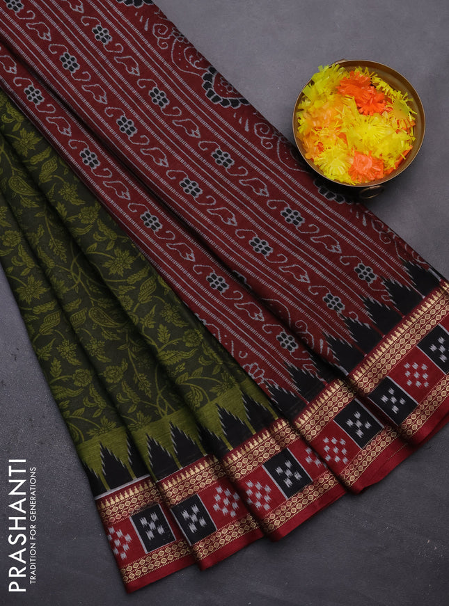 Muslin cotton saree sap green and maroon with allover prints and woven border