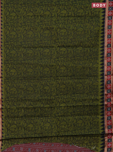 Muslin cotton saree sap green and maroon with allover prints and woven border