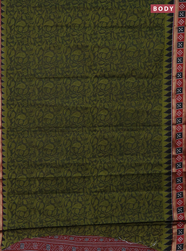 Muslin cotton saree sap green and maroon with allover prints and woven border