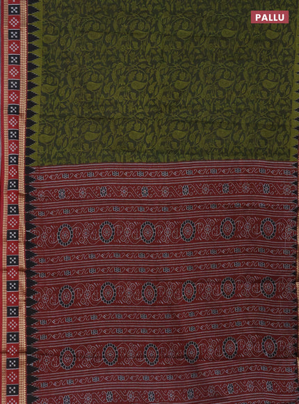 Muslin cotton saree sap green and maroon with allover prints and woven border