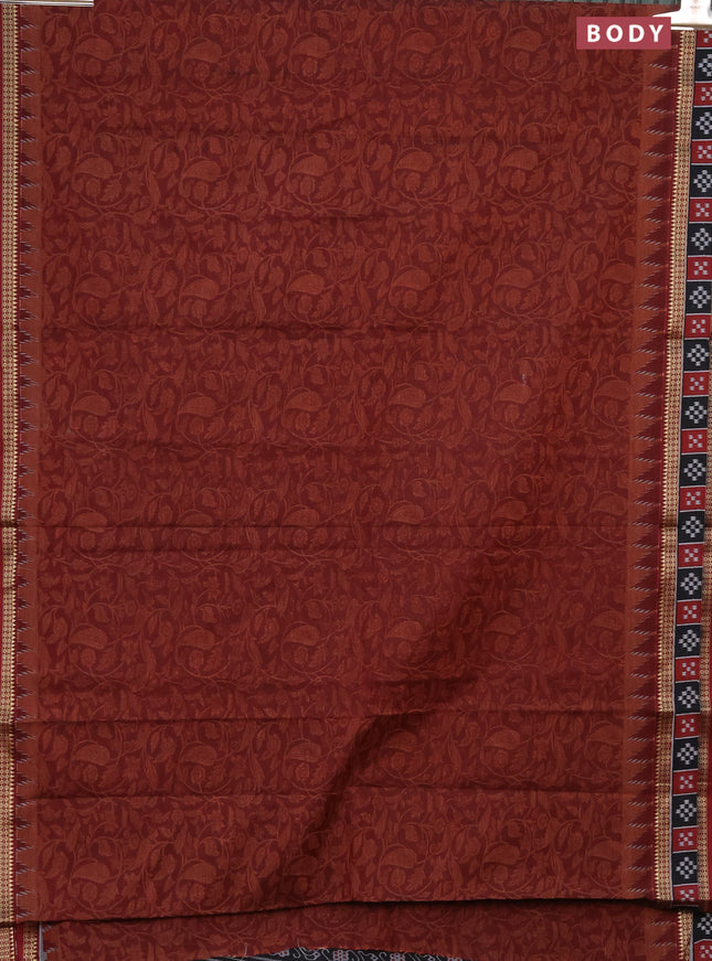 Muslin cotton saree maroon and black with allover prints and woven border