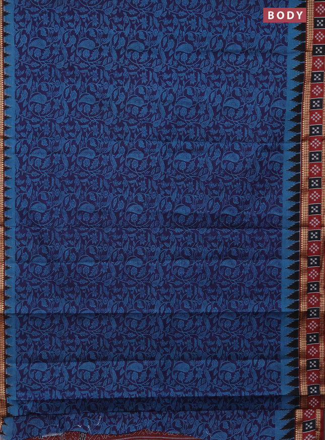 Muslin cotton saree navy blue and maroon with allover prints and woven border