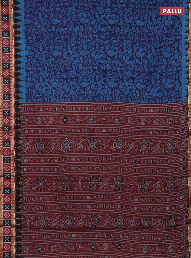 Muslin cotton saree navy blue and maroon with allover prints and woven border