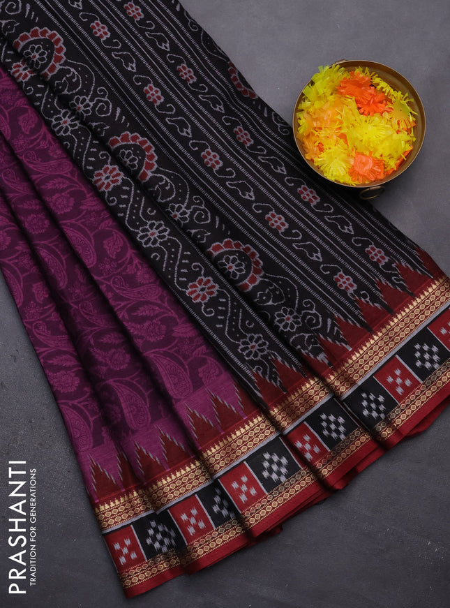 Muslin cotton saree deep purple and maroon with allover prints and woven border