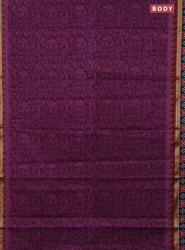 Muslin cotton saree deep purple and maroon with allover prints and woven border