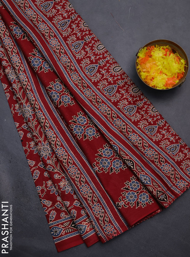Muslin cotton saree maroon with kalamkari prints and printed border