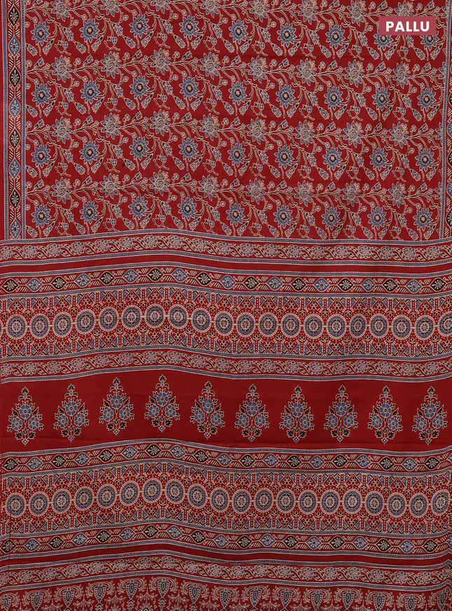 Muslin cotton saree maroon with kalamkari prints and printed border