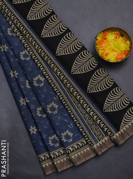 Muslin cotton saree blue and grey with allover floral prints and printed border