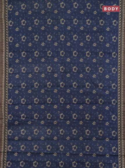 Muslin cotton saree blue and grey with allover floral prints and printed border