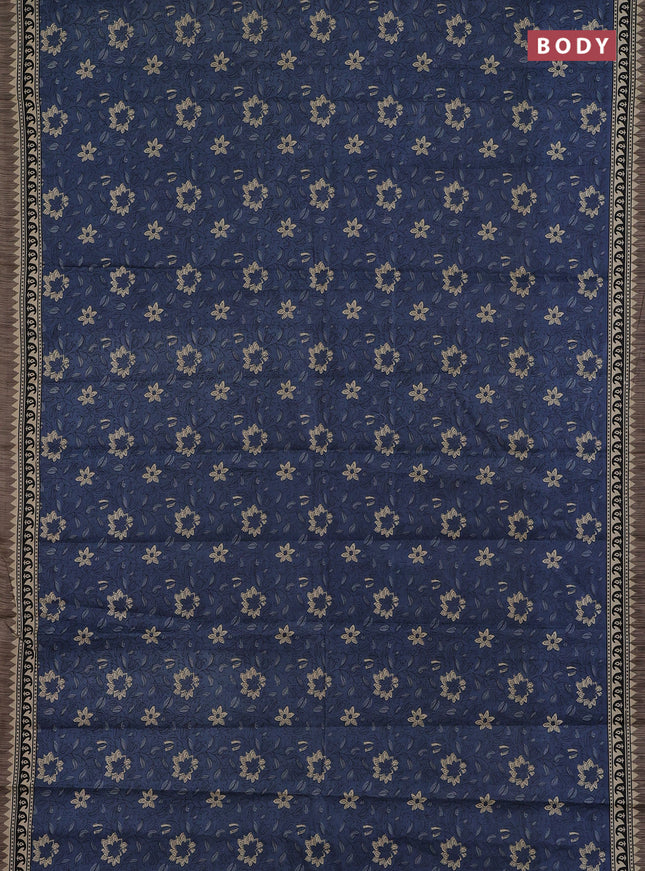 Muslin cotton saree blue and grey with allover floral prints and printed border