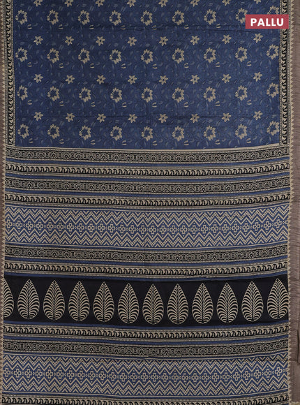 Muslin cotton saree blue and grey with allover floral prints and printed border