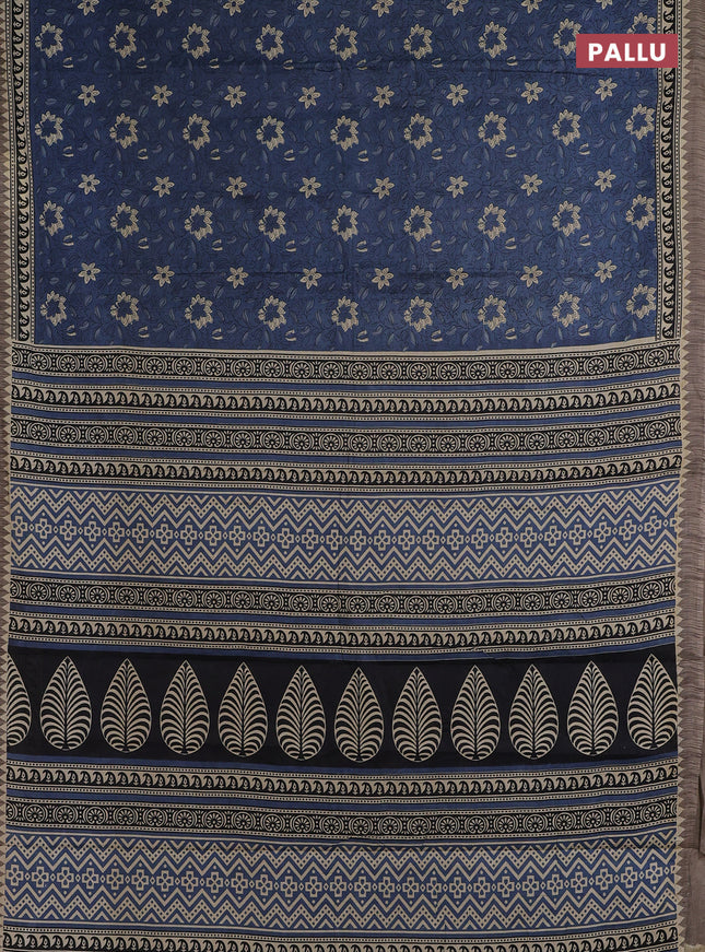 Muslin cotton saree blue and grey with allover floral prints and printed border