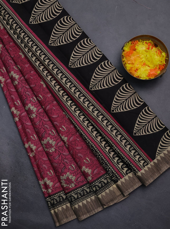 Muslin cotton saree maroon with allover floral prints and printed border