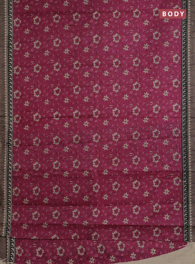 Muslin cotton saree maroon with allover floral prints and printed border