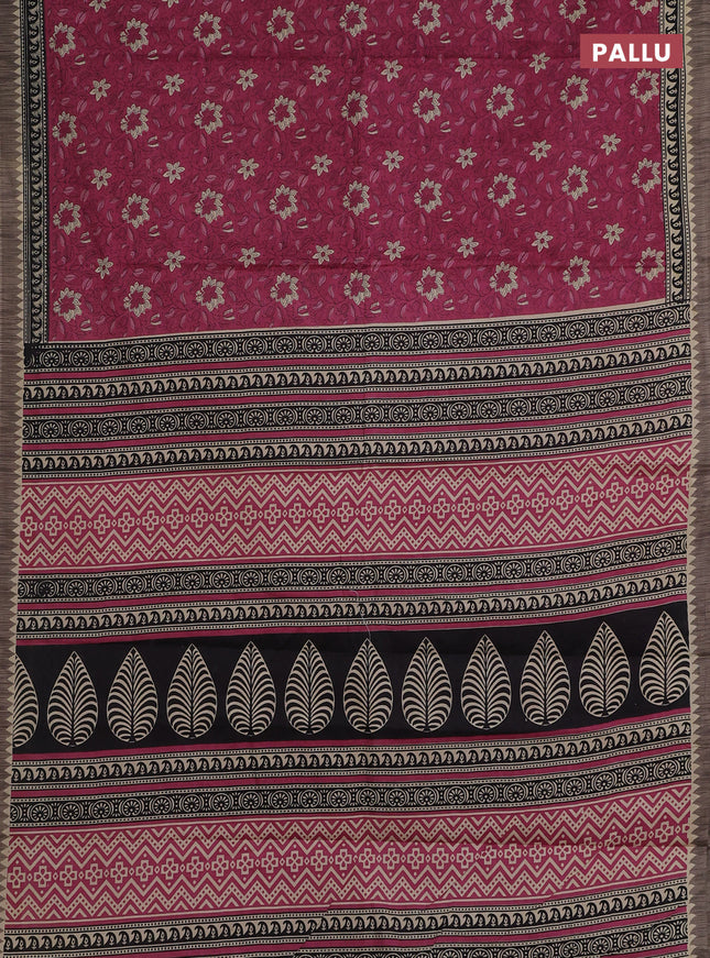 Muslin cotton saree maroon with allover floral prints and printed border