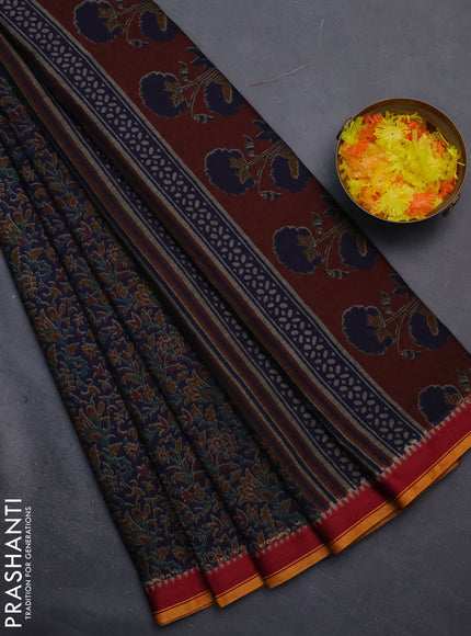 Muslin cotton saree navy blue with allover prints and woven border