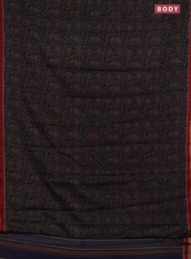 Muslin cotton saree navy blue with allover prints and woven border