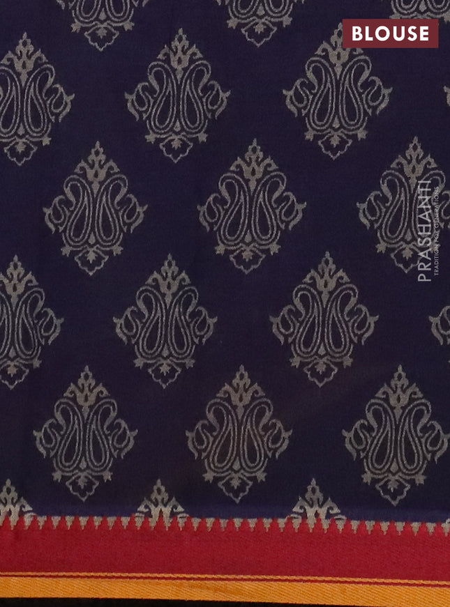 Muslin cotton saree navy blue with allover prints and woven border