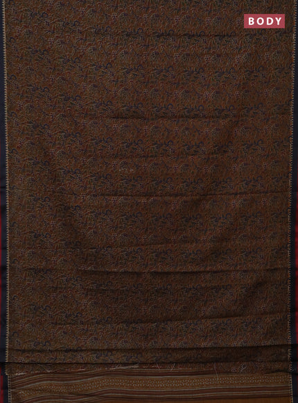 Muslin cotton saree dark mustard and black with allover prints and woven border