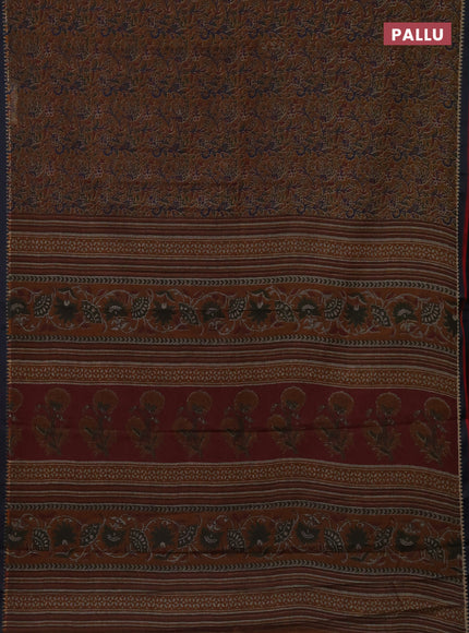 Muslin cotton saree dark mustard and black with allover prints and woven border