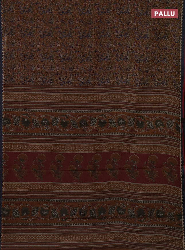 Muslin cotton saree dark mustard and black with allover prints and woven border