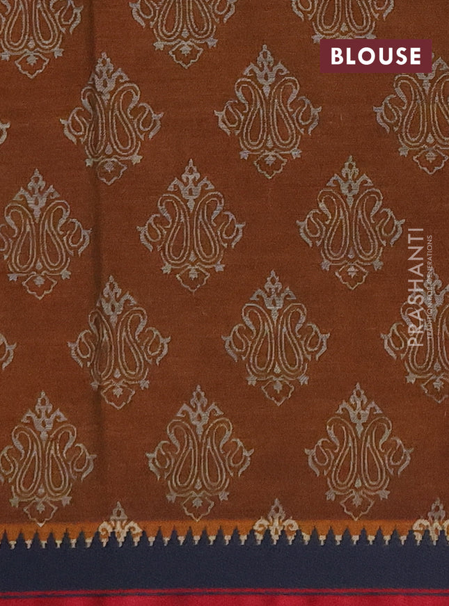 Muslin cotton saree dark mustard and black with allover prints and woven border