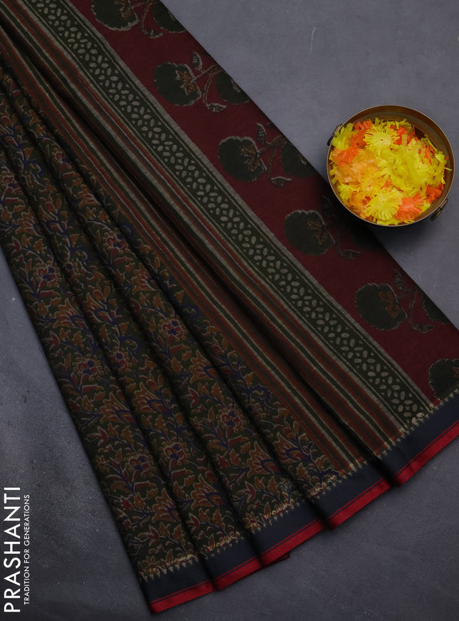 Muslin cotton saree sap green with allover prints and woven border