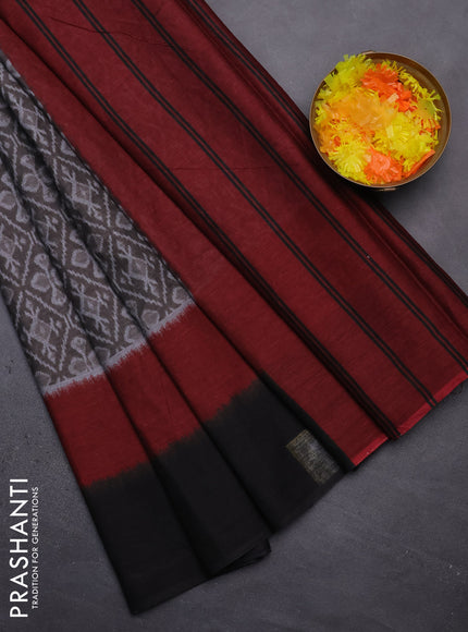 Muslin cotton saree grey and black maroon with allover prints and simple border